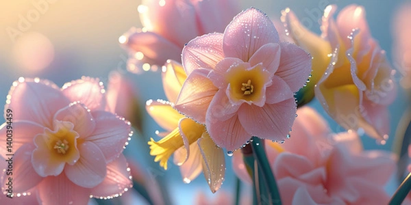 Fototapeta Close-up of soft pink daffodils with yellow centers and dew drops against a pastel background