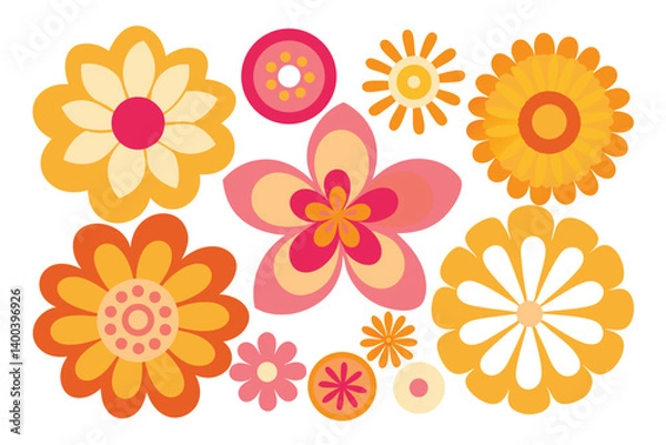 Fototapeta Collection of Retro Style Floral and Circle Shapes with White Background