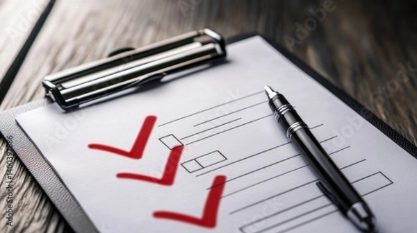 Fototapeta Checklist on clipboard with pen; tasks completed.
