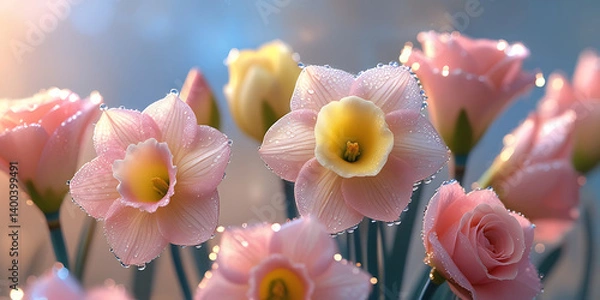 Fototapeta Close-up of delicate pink and yellow flowers with dew drops and soft blurred background