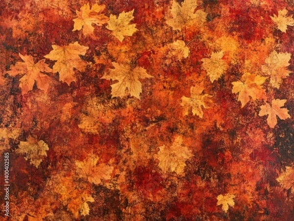 Obraz Vibrant Autumnal Impressionist Painting Featuring Scattered Maple Leaves on a Textured Red and Orange Background