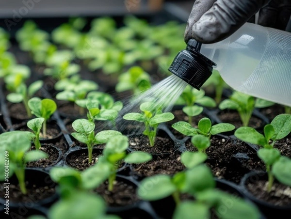 Obraz Close-up of young green seedlings being gently watered using a spray bottle, highlighting early growth and indoor gardening care.
