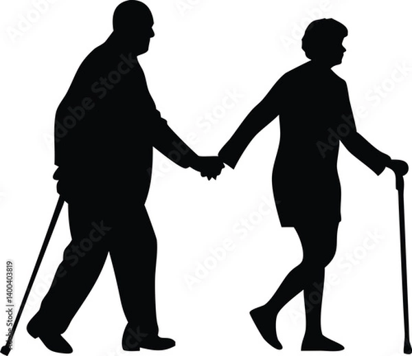 Fototapeta Elderly Couple Holding Hands Walking with Canes Silhouette on Transparent Background