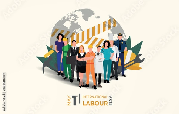 Fototapeta International Labour day. Group of Workers from different occupation standing on globe with hammer safety helmet background.1st May. Labor day banner design. Vector illustration. 