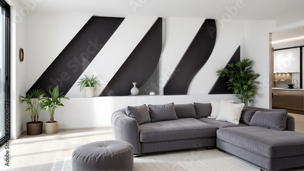 Fototapeta The focus is on clean lines and minimalist aesthetics in this living room. A plush grey sofa provides a comfortable seating area, while a compact pouf offers versatile functionality