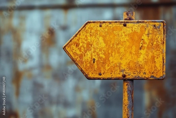 Fototapeta A weathered arrow sign pointing left made from rusting metal