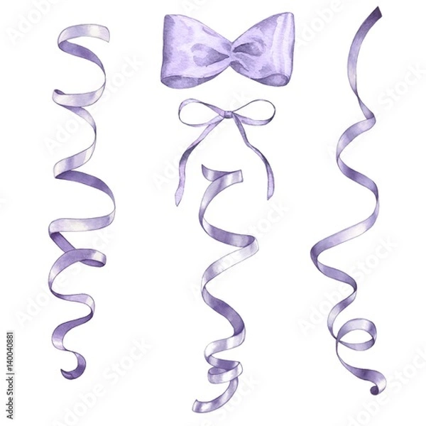 Obraz Set of satin ribbons and bows. Watercolor painting. Handmade drawing.