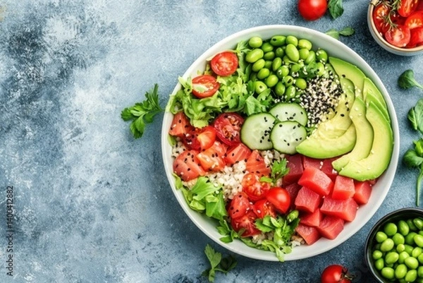 Obraz Vibrant tuna poke bowl with fresh avocado edamame and colorful vegetables on a textured background healthy eating and balanced diet concept