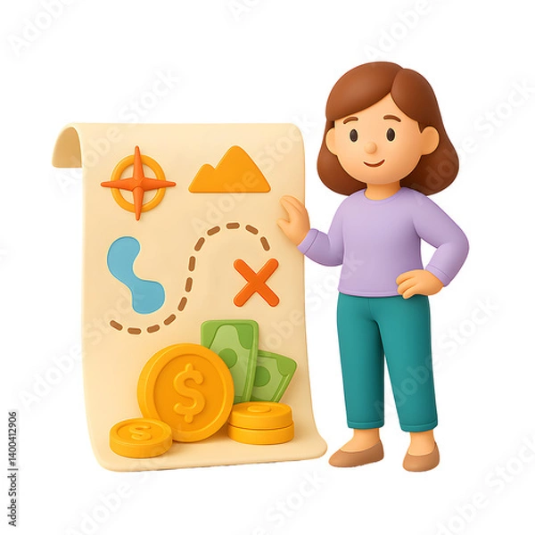 Fototapeta 3D icon of girl standing with treasure map and coins, ideal for finance, planning, saving, and adventure or goal-setting themes.
