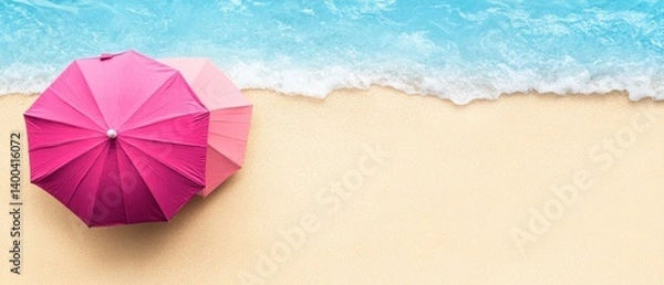 Fototapeta Vibrant beach scene featuring two pink umbrellas on golden sand meeting turquoise ocean waves creating a serene summer vibe perfect for travel and relaxation
