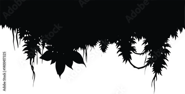 Fototapeta Jungle Canopy Silhouette with Hanging Vines and Leaves on Transparent Background