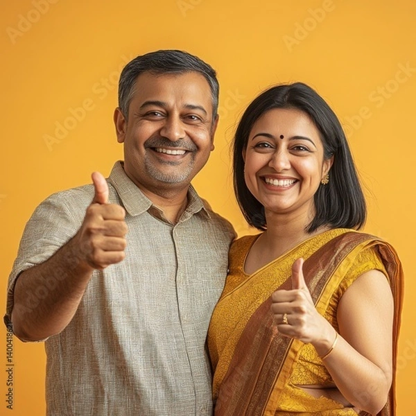 Obraz happy middle age couple standing together and showing thumbs up