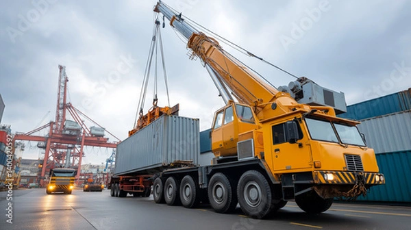 Fototapeta Industrial Crane Loading Container onto Truck at Port