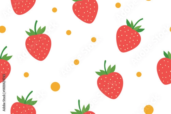 Fototapeta Seamless Pattern of Stylized Red Strawberries and Yellow Dots on White Background