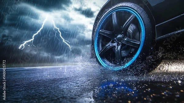 Fototapeta Close-up view of a car tire splashing through water during a fierce thunderstorm with lightning illuminating the sky