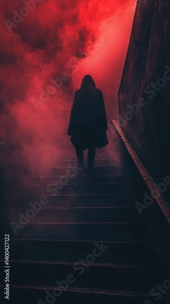 Fototapeta A hooded figure walking up a staircase in a dark and smoky environment.