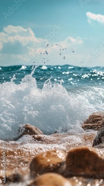 Fototapeta Close up of waves crashing on the shore with rocks and blue sky in the background.
