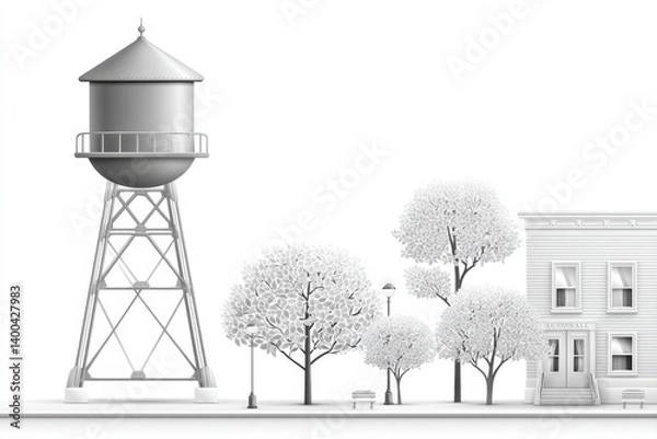 Fototapeta A stylized line illustration of a city tower and trees, white background