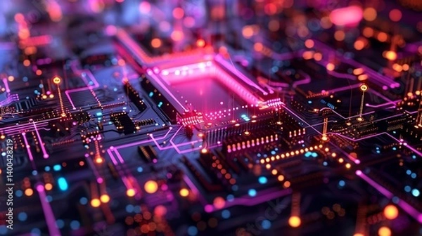 Fototapeta Abstract Close-Up of Futuristic Circuit Board with Vibrant Neon Lights and Patterns