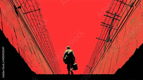 Obraz World War II prisoner walking through barbed corridor under blood-red sky, symbolic escape
