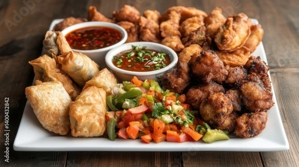 Obraz  A platter of assorted Asian appetizers with a dipping sauce, including spring rolls, dumplings, and fried items.