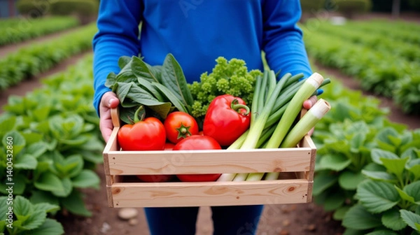 Fototapeta Person holding a wooden crate filled with fresh vegetables.