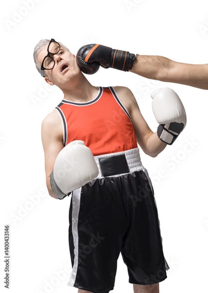 Fototapeta Nerdy boxer getting punched on his face