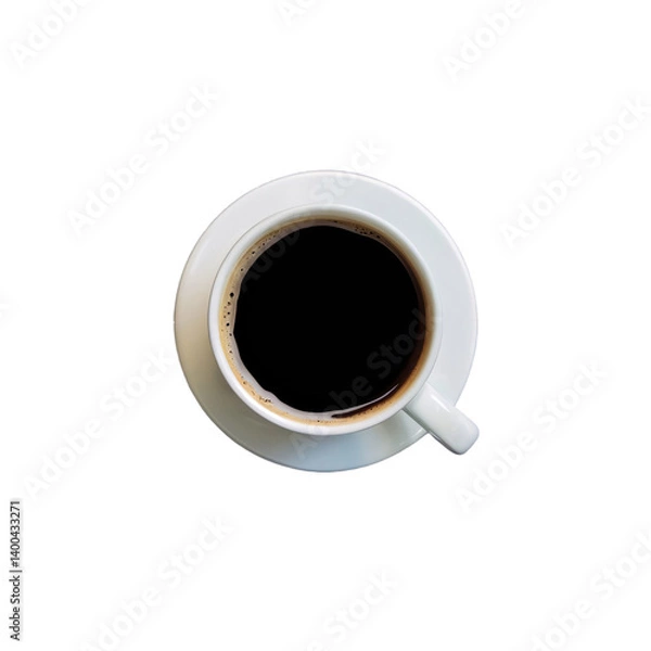 Fototapeta High-angle view of a full cup of black coffee in a white ceramic cup and saucer on transparent background, PNG.