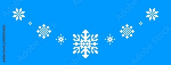 Obraz White snowflakes on a blue background. Beautiful semicircular border of snowflakes. Pixel drawing