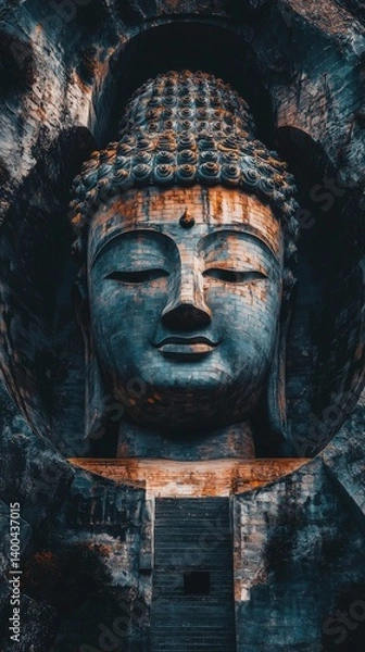 Fototapeta Close up of Buddha statue with serene expression
