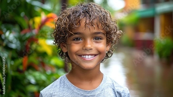 Fototapeta Portrait of a Smiling Boy in a Tropical Setting
