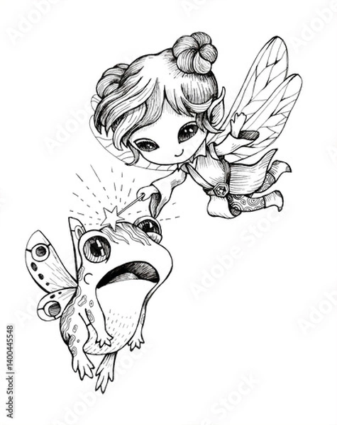 Fototapeta Hand drawn black and white illustration of a whimsical fairy and a surprised frog with wings. Stylized fairy tale characters created with a capillary pen. Isolated image on a white background.