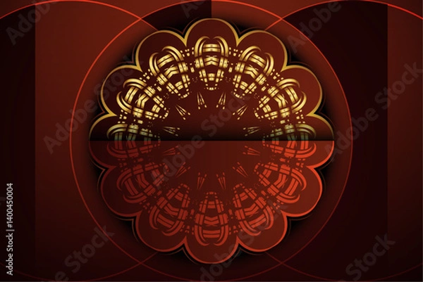 Fototapeta Red and orange symmetrical mandala with concentric circles and radiant floral patterns on dark background with central light reflection

