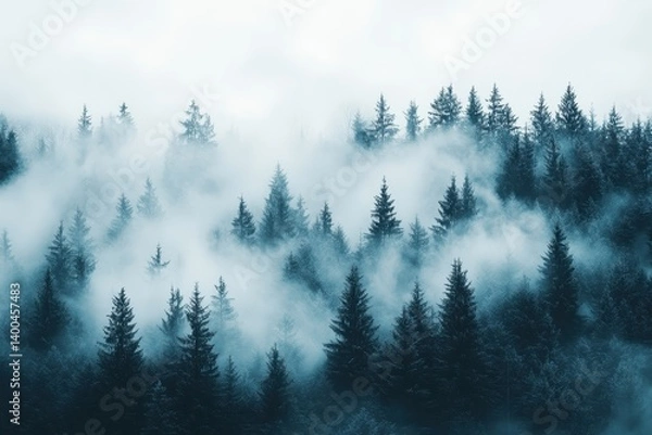 Fototapeta Fog envelops a dense forest with evergreen trees in a tranquil setting during early morning hours