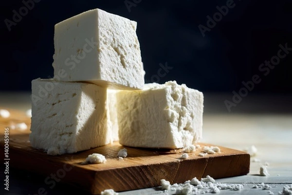 Fototapeta cubes of fresh white cheese stacked on a wooden cutting board, showcasing artisanal and traditional dairy products