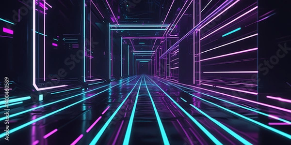 Fototapeta Futuristic Corridor Illuminated by Vibrant Pink and Blue Neon Lights Creating Dynamic