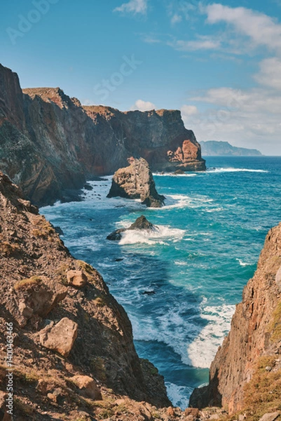 Obraz Rocky Coast of Madeira with Powerful Ocean Waves. Nature's raw beauty. Landscapes and endless sea views for adventure, serenity