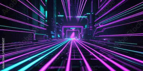 Fototapeta Futuristic Tunnel of Vibrant Purple and Teal Lines Converging Towards Glowing Portal