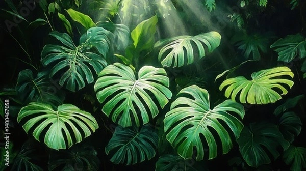 Fototapeta Philodendron Plowmanii Heart Shaped Leaves Tropical Foliage with Exotic Rainforest Plants and Ferns in Ornamental Garden