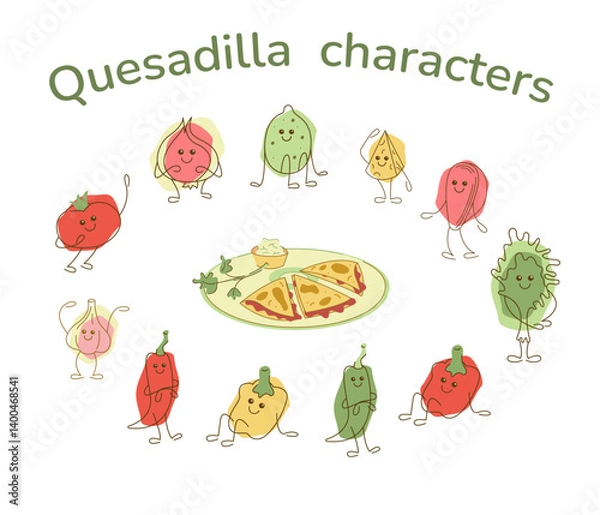 Fototapeta Set with quesadilla and cute characters as filling ingredients. Hand drawn clipart illustration for your projects.