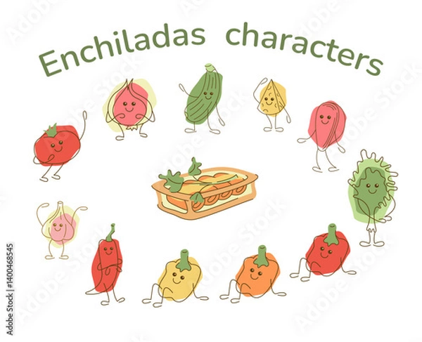 Fototapeta Set with enchiladas and cute characters as filling ingredients. Hand drawn clipart illustration for your projects.