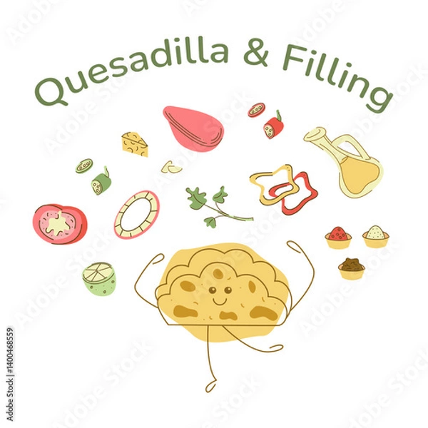 Fototapeta Set with tortilla character and quesadilla filling. Hand drawn clipart illustration for your projects.