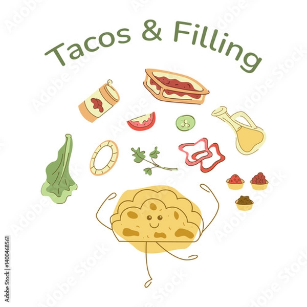 Fototapeta Set with flatbread character and taco filling. Hand drawn clipart illustration for your projects.