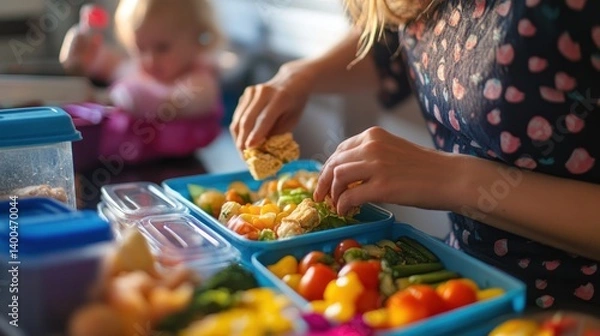 Fototapeta Woman preparing healthy lunch boxes with vegetables and tofu for kids.
