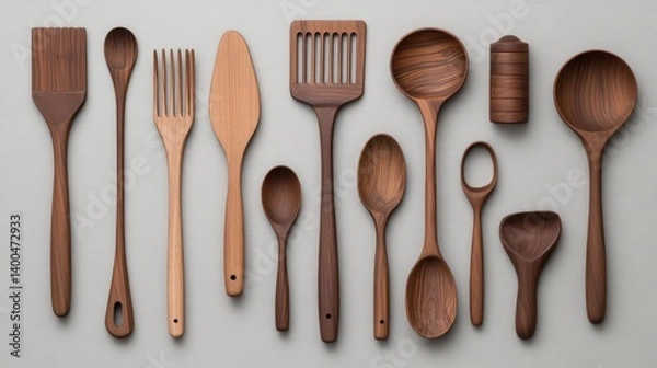 Fototapeta A selection of wooden cooking utensils including a spatula, spoon, and ladle placed neatly on a clean countertop with plenty of space for copy above