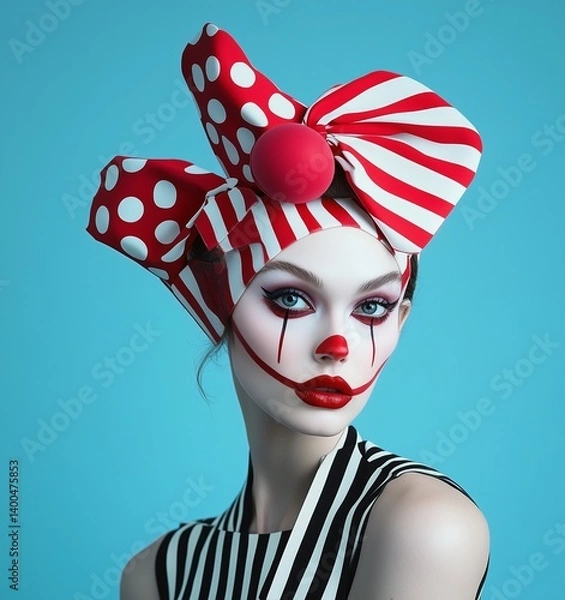 Fototapeta Portrait of a clown girl in a red and white striped costume, looking to the camera, melancholic look.	
