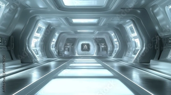 Obraz Futuristic corridor with bright white lights and glowing floor, clean copy space in center perspective