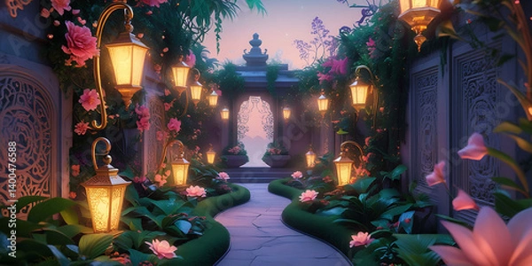 Fototapeta Serene Garden Pathway Illuminated by Lanterns Surrounded by Lush Plants and Flowers