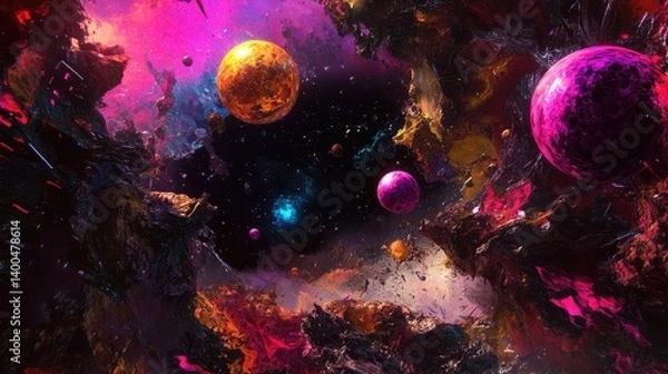 Obraz Neon-lit abstract sci-fi scene with floating orbs and a dark space for copy in the center