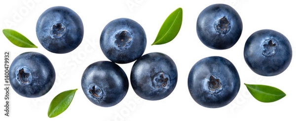 Fototapeta Blueberry isolated png. Blueberry with leaves top view on transparent background. Perfect retouched blueberry no background. Png blueberries collection. Full depth of field.